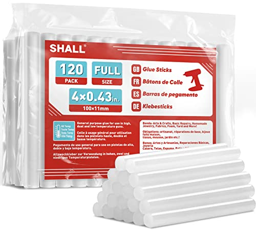 SHALL Full Size hot Glue Sticks, 0.43 inch x 4 inch. (11 x 100mm) 120 Pack Clear Hot Glue Gun Sticks for All-Temp Glue Guns, Multipurpose for Kids Adults Crafts