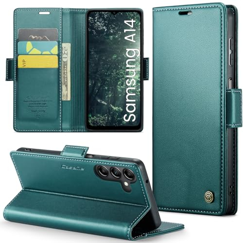 XYGLOW Handyhülle für Samsung Galaxy A14 5G Hülle Premium Leder Klappbar Kartenfach Magnet Standfunktion RFID Schutzhülle für Samsung A14 4G/5G Flip Case Wallet Klapphülle Lederhülle Grün 6,6''