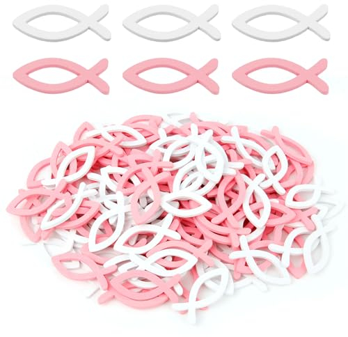 160 Stück Tischdeko Taufe Streudeko Kommunion, Holz Fisch Deko, Holzfische-Dekorationen für Partytisch, Tischdekoration, Party, Hochzeitsdekoration für Tische (80 Stück Rosa, 80 Stück Weiß)