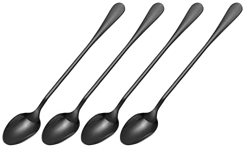 sourcing map Set mit 4 langen Grifflöffeln, 19,1 cm, Edelstahl-Eislöffel, Cocktail-Rührlöffel, Kaffeelöffel zum Mischen, Getränk, Kaffee (Drak Grey)