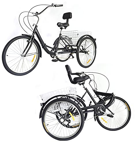 Dreirad für Erwachsene 24 Zoll Dreirad Faltbares Fahrrad mit Korb 3 Räder Fahrrad 7-Gang Cruise Citybike für Erwachsene und Jugendliche mit einer Körpergröße von 160-185 CM, Max. Belastung 120KG