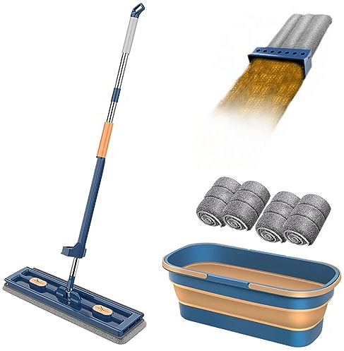 Balais Plat Réglable Rotative à 360° avec Tampons en Fibre Super Absorbants et Utilisation Humide et Sèche, Balai Serpillère avec Compression Automatique de l'eau(4 Tampons en Microfibre) (Bleu)