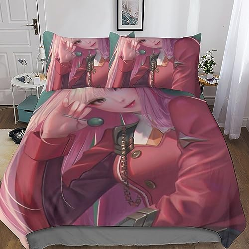CasCam Zero Two Bettwäsche Set Kinder Mikrofaser Bettwäsche 3D Gedruckt Anime Bettbezug 3 Teilig Mit ReißVerschluss,Soft Mädchen Jungen Bettwaren Mit Kissenbezug King(220x240cm)