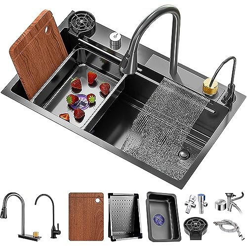 Küchenspüle Schwarzer Quadrat Wasserfall Waschbecken Einer Schüssel Doppelschüssel Waschbecken 304 Edelstahl Spülbecken Mit Mehreren Zubehör Cup Waschmaschine (Color : Gun Grey, Size : 80 * 45cm)