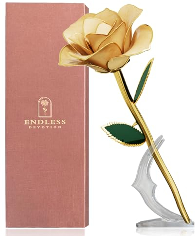 ENDLESS DEVOTION Goldene Muttertagsrose mit langem Stiel, 24 Karat vergoldet, konservierte Rose mit Ständer und Zertifikat – rote Rosen zum Geburtstag für Frauen, Mutter – atemberaubendes Geschenk zum