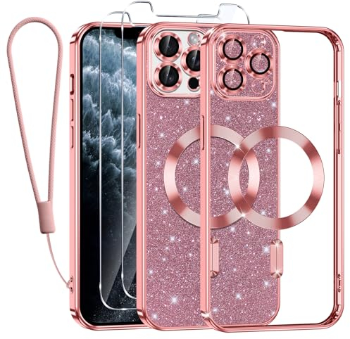Kokio Glitter Magnetica Cover per iPhone 11 Pro Max con Cordino, Compatibile con MagSafe, Brillantini Sottile Silicone TPU Antiurto Custodia per iPhone 11 Pro Max con 2 Vetro Temperato Bumper, Rosa