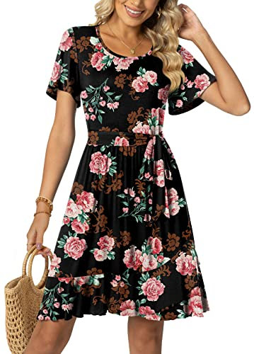 Aodemo Women Casual Summer Empire Waist Short Sleeves Work Dresses Ruffle Hem Swing Tie Waist Beach Dress XL, Rose Black