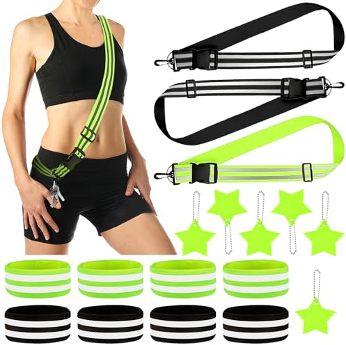 WanderGo 17 Stück Fahrrad Reflektoren Kleidung Set, 3 Grün Schwarz Reflektoren Gürtel Verstellbaren, 8 Reflektorband, 6 Reflektor Anhänger für NachtläUfe, Joggen Zubehör, Aktivitäten Im Freien