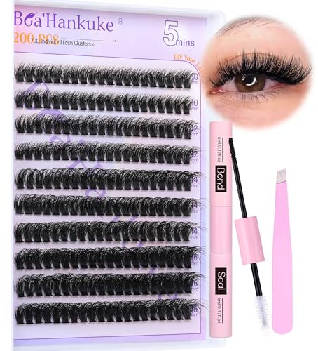 Boahankuke Cluster Lashes Extension Kit D Curl individual Eyelash Extension Kit Fluffy Lash Clusters Kit Volume Eyelashes with Bond and Seal Lash Glue, Lash Tweezers(200PCS,70D,10-16MM)