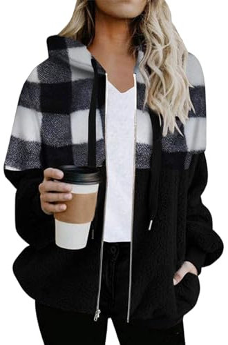 EFOFEI Damen Plaid Shirt Jacke mit Seitentaschen Full Zip Drawstring Sweatshirt Mantel Warmer Kunstpelz Color Block Mantel Schwarz Weiß S