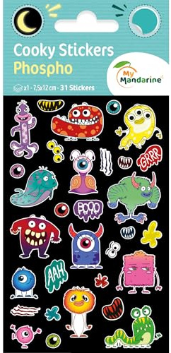Maildor CY167Cpack - Packung mit 10 Bögen 3D Sticker Cooky Phospho/Aufkleber, 7,5x12cm, phosphoreszierend, Monster, 310 Stickers, 1 Pack
