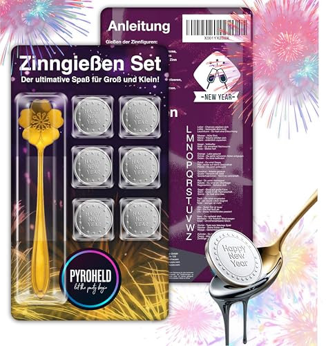 PYROHELD 7-teiliges Zinngießen - Set: Traditionelles Gießen mit Zinn wie Bleigießen, inklusive Löffel & Deutungsbuch - Silvester & Neujahr 2024 & 2025