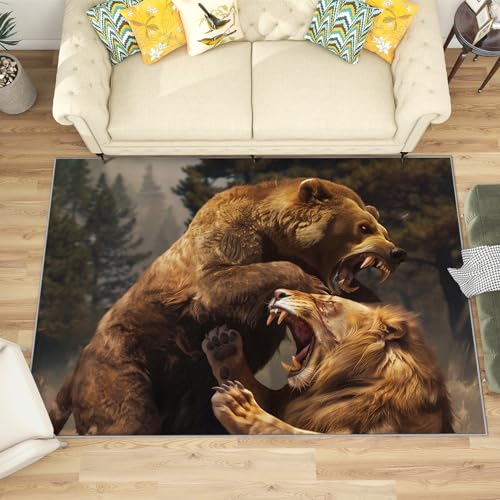 Teppich Tiere Kinderzimmer - Teppich Wohnzimmer Schlafzimmer Bär Löwe, Großer Teppich Wildtiere, Weich Kurzflor & Waschbar & rutschfest Wohnzimmerteppich, Bettvorleger 120x170 cm