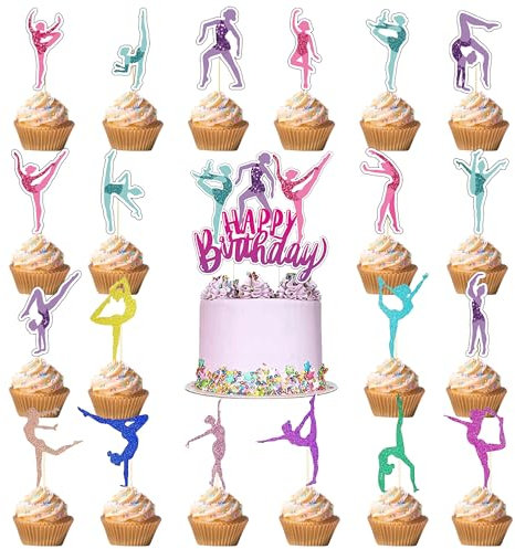 Xietaea Gymnastik Geburtstag Tortendeko Mädchen - 33 Stück Glitzer Turnerin Cake Topper, Akrobatik Gymnastik Thema Kuchendeko für Babyparty Fitnessstudio Themaparty