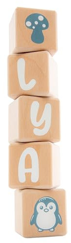 Louyou Holzwürfel, 5 cm x 5 cm, Set mit 5 Würfeln mit Aufklebern, weiß – Buchstaben aus Holz, groß, personalisierbar, Dekoration für Baby- und Kinderzimmer, Geschenk zur Geburt und personalisiertes