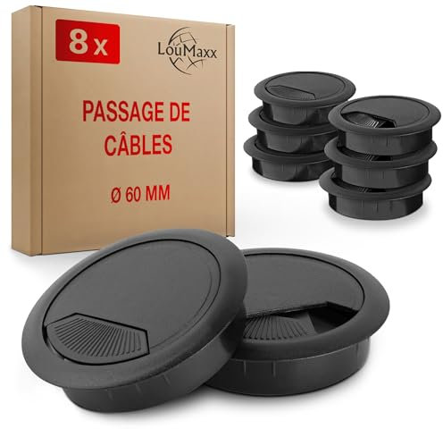 LouMaxx Lot de 8 Passe-câbles de Bureau Noirs en Plastique Solide - 60 mm de Diamètre - Couvercle de Trou Ajusté Avec Installation Stable