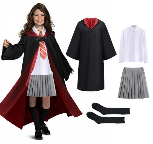 Zauberer Kostüm Kinder, CJBIN 8 Teiliges Umhang Kinder, Zauberer Umhang mit Bluse,Rock,Socken,Zauberstab,Brille,Krawatte Halskette,Zau-berer Cosplay Kos-tüm,Halloween KostümKinder für Karneval Cosplay