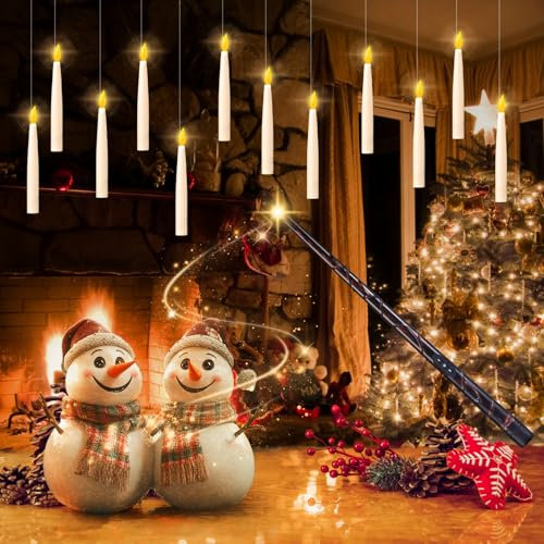 Zyncove 12PCS Floating Candles with Magic Wand Remote, Electric Hanging Flickering LED Taper Candles Decorations Window Candles for Halloween Christmas Party