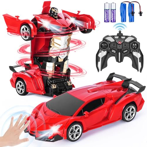 Highttoy Ferngesteuertes Roboter Auto mit Gestenerfassung, Licht und Musik, 2.4GHz 360° Drehung 1:18 Verwandelbares RC Auto Roboter Spielzeug ab 3 4 5 6 7 8 Jahre Jungen Mädchen Geschenk, Rot