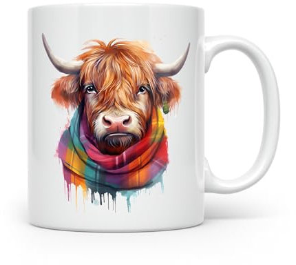 Noble & Page Tasses en céramique imprimées à la main – Vaches Highland aquarelles dans des écharpes tartan – Vache 8 | Passe au lave-vaisselle | Fabriqué au Royaume-Uni