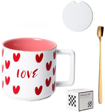 Jarsense Ceramic Mugs 400ml Mugs Mugs with Lid and Spoon Love Heart Pattern Mugs for Breakfast Oatmeal Milk Tea Coffee (White)