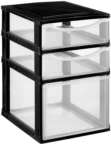 Schubladenbox DIN A4 mit 3 Schubladen 34,5x26x39 cm - schwarz-transparent Kunststoff Drawer Tower Box Organizer für Schreibtisch Easy-Pull-System