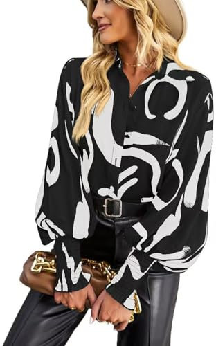 HUXRAKV Blouses for Women Dressy Casual Long Sleeve Button Down Shirts Floral Printed Fall Blouses with Lantern Sleeve Tops,WD15 Black 2,L