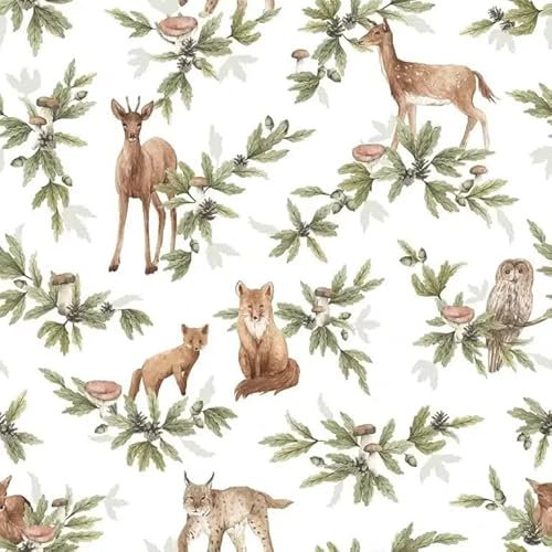 Kindertapete Waldtiere Muster Reh Weiß Grün