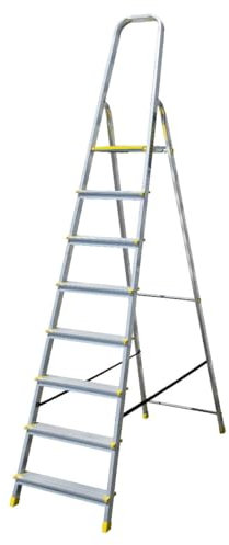 Bayersystem BS-DA8 120 Trittleiter mit 8 Stufen, Aluleiter, bis 120 kg belastbar, max. Arbeitshöhe 3,64 m, Klapptrittleiter mit Handlauf, Anti-Rutsch-Füße, Klapptritt für Haushalt, Silber/Gelb