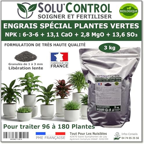 3 kg d'Engrais Spécial Plantes Vertes 6-3-6 - Croissance, Feuillage Dense & Vitalité - Formulation Organo-Minerale - Libération Lente - Convient Plantes Intérieur & Extérieur - Fabriqué en France