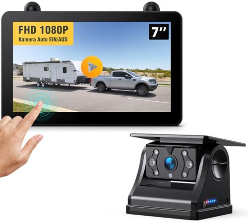 eRapta Solarbetriebenes drahtloses Rückfahrkamera-Kit 7“ 1080P Monitor Touchscreen IPS Monitor 1 Min DIY Installation, IP69K wasserdichte Rückfahrkamera für PKW Van LKW Anhänger