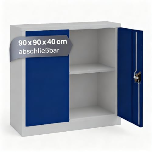 LagerZwei Mehrzweckschrank 90x90x40cm I Metallschrank inkl. Fachboden I Aktenschrank abschließbar, als Werkstattschrank, Büroschrank & Kellerschrank I Stahlschrank robust I Allzweckschrank blau-weiß