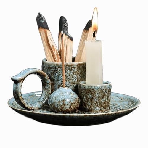 IUOUTG Porta Bastoncini Palo Santo, Bruciatore Di Incenso In Ceramica 4 In 1, Candela Multiuso Porta Salvia, Vassoio Cenere Per Meditazione Sala Yoga