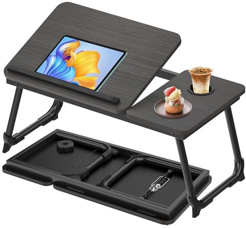 Soontrans Tavolino da Letto 63 x 27 x 33 CM, Vassoio da Letto con Leggio e Slot per Tazza, 5 Regolabile in Angolo, Tavolino Pieghevole, Tavolo da Letto per Letto, Divano, Pavimento(Nero)