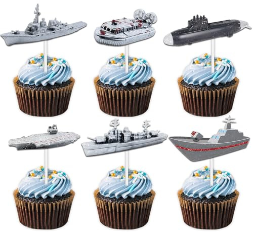 18pcs Grey Glitter Naval Vessel Dessert Cupcake Topper Nautical Warship Sailing Sea Ocean Navy Boat Happy Birthday Party Theme Decoration Decor Favour Supplies Set
