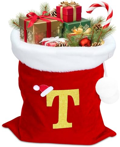 VReder Weihnachtssack, Monogramm, personalisierbar, bestickt, Weihnachtsmann-Tasche für Weihnachtsgeschenke, Zuhause, Party-Dekorationen (Buchstabe T)