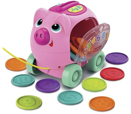 Winfun Pull-Along Pink Counting Piggy Bank – Bilingual English & Spanish Toy for Babies 6+ Months – Interactive Sounds, Lights, Phrases & Music – Educational Toddler Toy for Learning & Mobility