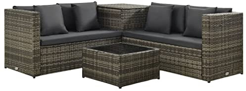 Teenpull 4-TLG. Garten Lounge Set, Grau Poly Rattan mit Kissen, Outdoor Möbel für Terrasse Balkon, wasserdichtes bequemes Sitzgruppen-Set