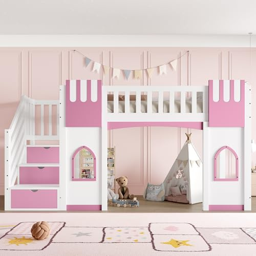 Arhatreya Hochbett 90x200 cm, Kinderbett mit Stauraumtreppe, Holzbett mit Fenster, Bettgestell mit Lattenrost, Bett mit Bettgitter für Kinder Wohnung (Ohne Matratze) Weiß+Rosa