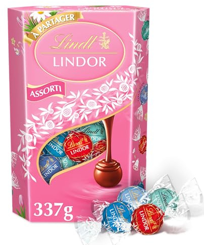 Lindt - Cornet LINDOR - Assortiment de Chocolats au Lait, Cœur Blanc, Coco et Caramel Pointe de Sel - Idéal pour Pâques, 337g