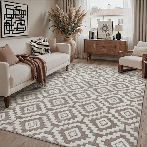 PureCozy Braun Weiß Teppich Wohnzimmer 200x300cm Boho Schlafzimmer Waschbarer Groß Teppiche 3D Effekt Gegend Kurzflor Flauschig Rutschmatte Esszimmer Kinderzimmer Bettvorleger Carpet