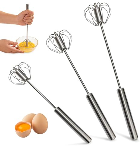 Dcceeo 3 Piezas Batidor Semiautomático de Acero Inoxidable, Batidor Manual de Huevos con Mecanismo de Resorte Barillas Batir Manual para Mezclar, Revolver la Masa, Huevos, Espumar, Batir