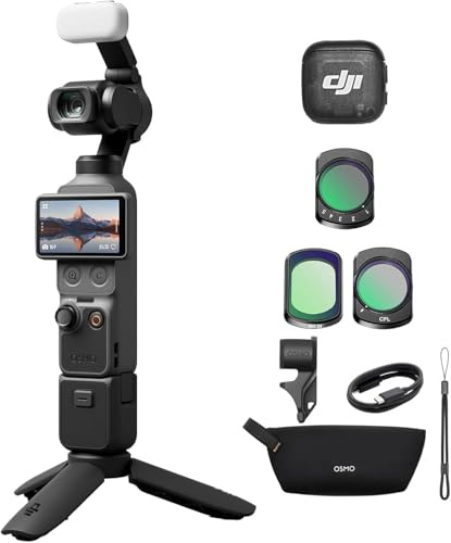 DJI Osmo Pocket 4 Combo Creator, fotocamera stabilizzata tascabile per vlog, CMOS da 1″ e 4K/240fps, 107 GB di memoria integrata, Trasmettitore Mic 3 (Set di 3 filtri)