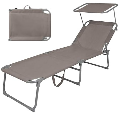 Montafox Sonnenliege klappbar 195 x 60 x 34 cm tragbarer Liegestuhl bis 150 kg mit Sonnendach Verstellbarer Rückenlehne für Garten Pool Terrasse Strand, Farbe:Taupe