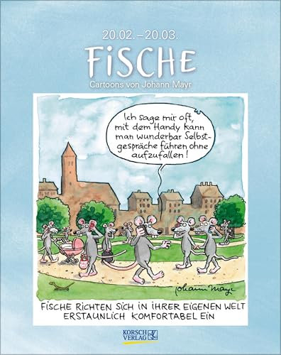 Fische 2026: Sternzeichenkalender-Cartoonkalender als Wandkalender im Format 19 x 24 cm.
