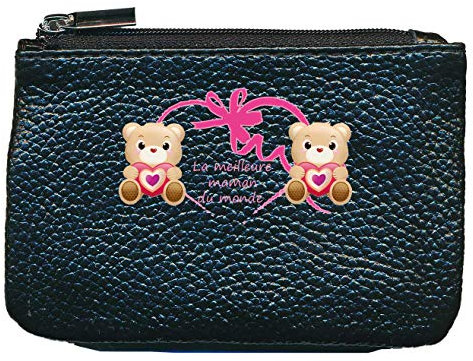 Syl'la Petit Porte Monnaie Porte clé en Cuir Noir pour Femme Fete des Meres (Mam Ours)