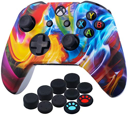 YoRHa Impresión Caucho de Silicona Funda Skin Case Carcasas Piel para Xbox One S/X Mando Controller x 1 (Arroyo de Colores) con Agarres para el Pulgar Thumb Grip x 10