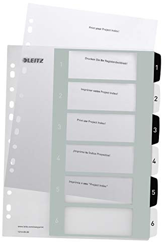 Leitz Register für A4+, PC-beschriftbares Deckblatt und 6 Trennblätter, Taben mit Zahlenaufdruck 1-6, Überbreite, Weiß/Schwarz, Polypropylen, WOW, 12140000