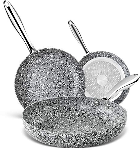 MICHELANGELO Frying Pan Set 20cm, 24cm and 28cm, Nonstick with Stone-Derived Coating, Granite, Induction Compatible