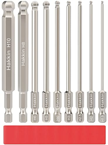 Hakkin 9 Stück 100mm Kugelkopf Schraubendreher 1/4 Sechskantschaft Ball End Hex Bitsätze S2 Legierter Stahl 1,5/2/2,5/3/4/5/6/8/10mm Sechskant Magnetischen Innensechskant Bitsatz Elektrowerkzeuge